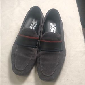 Gray Suede Ferragamo slip-ons w/ red & blue trim